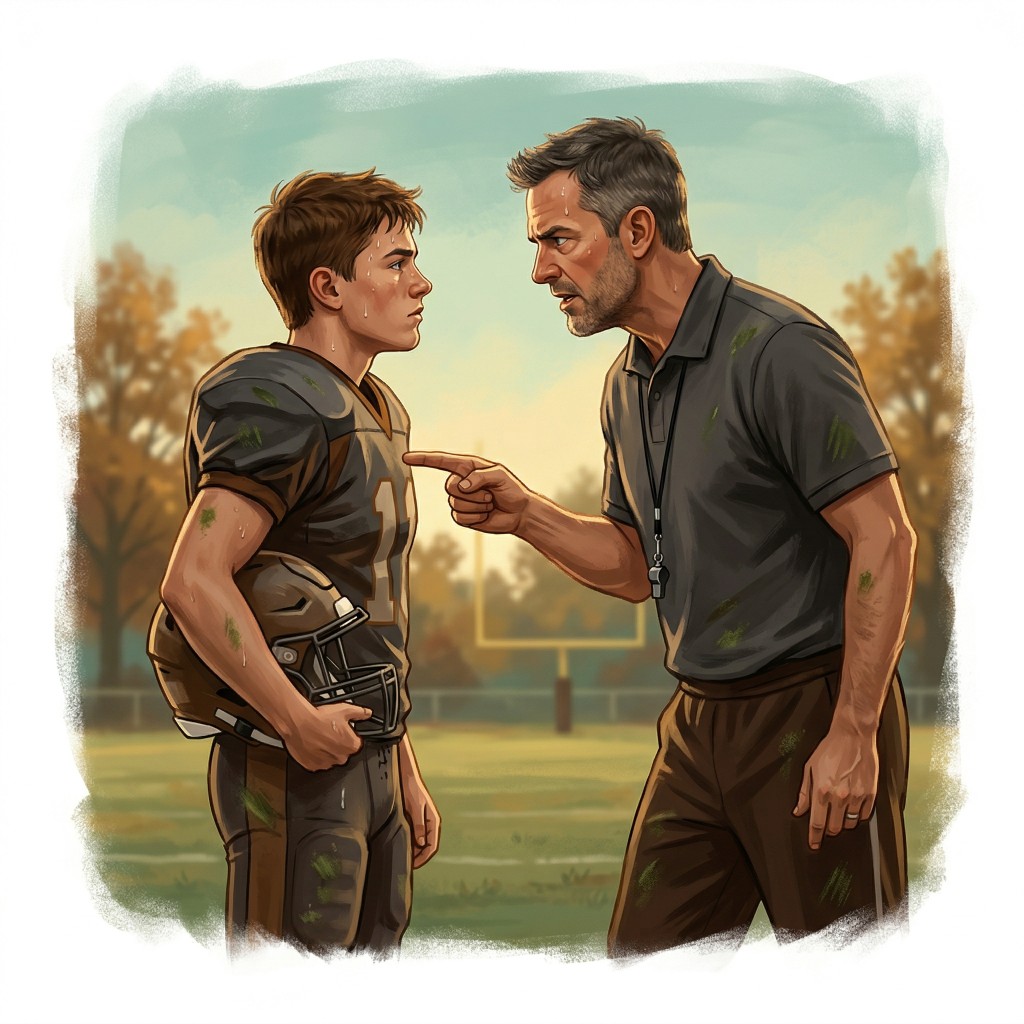 Coach on the field, speaking intensely to a young player.