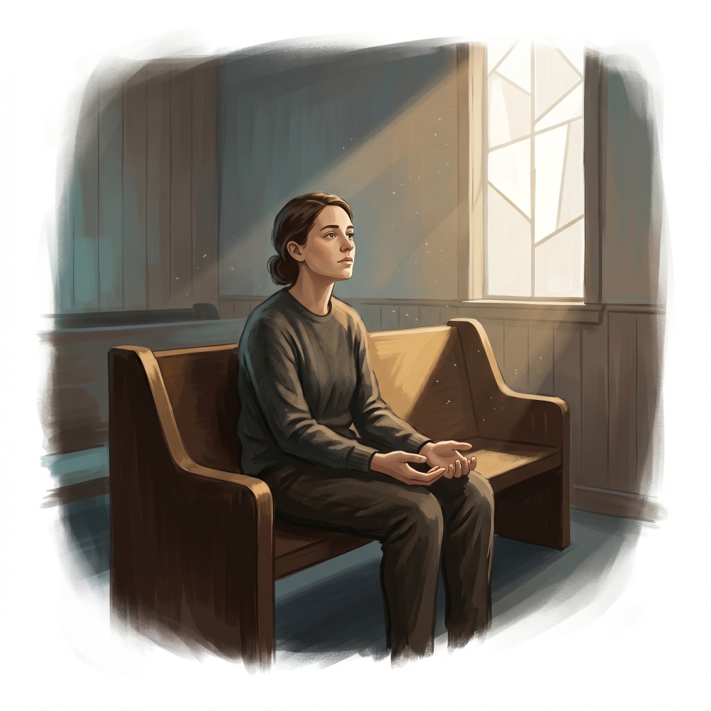 A young person sitting on a chapel bench at dusk, light coming in slanted through the window.