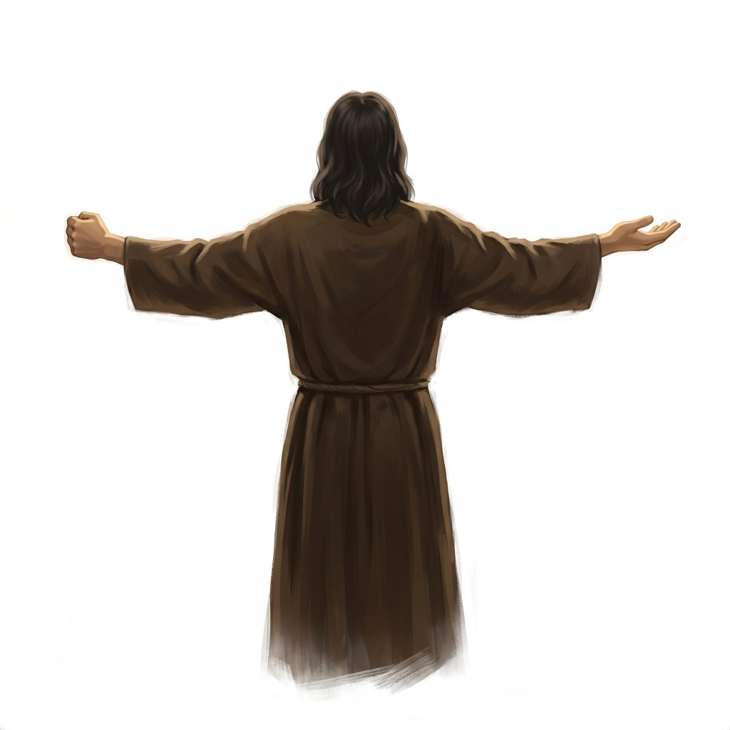 Christ from behind with arms out wide — one hand a firm fist and one an open palm — an example of God holding two true things at once.